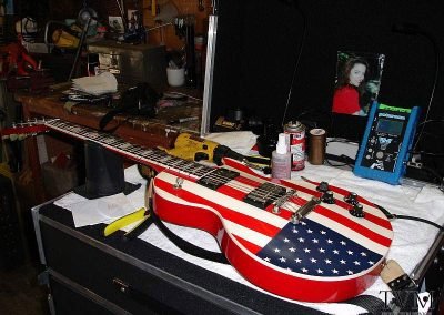 The Nuge’s American Flag Les Paul on my workstation, during album recording project. 2007.